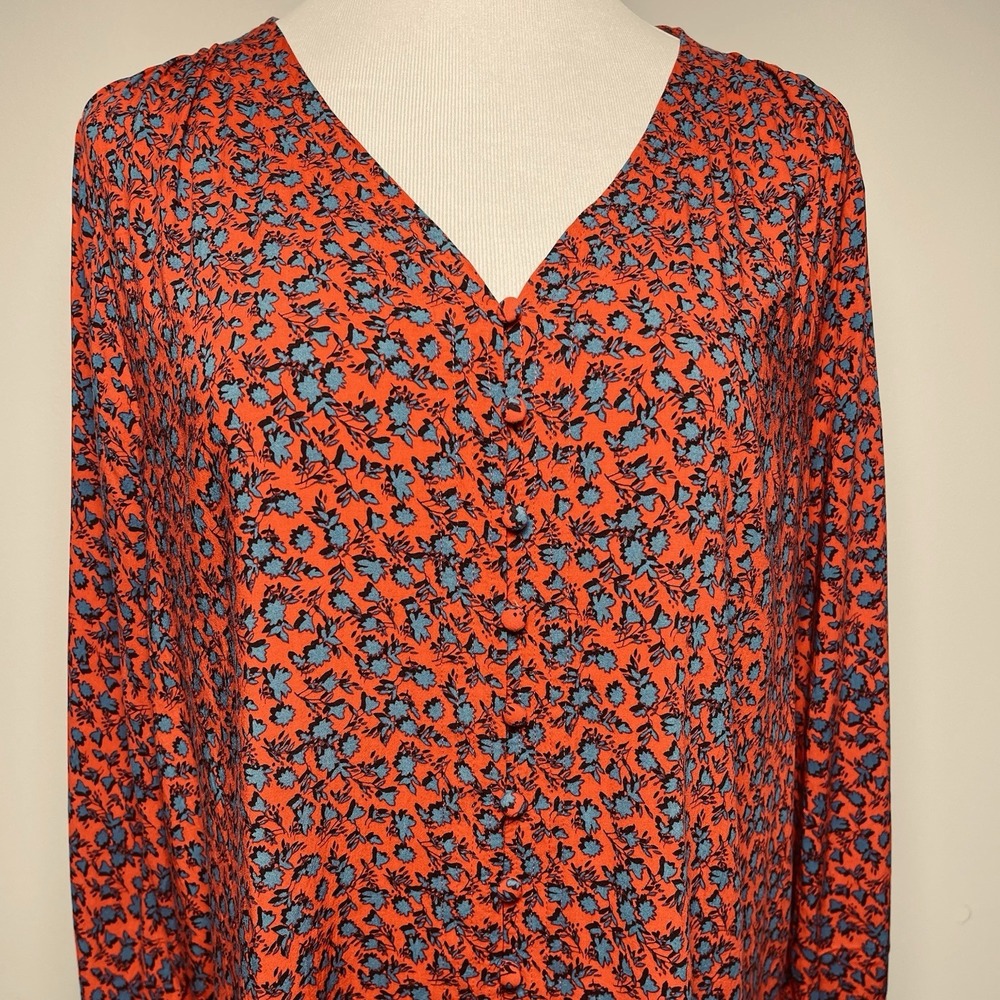 J.Jill Floral Print Long Sleeve Pleated Button Up Blouse Red Blue Size Large